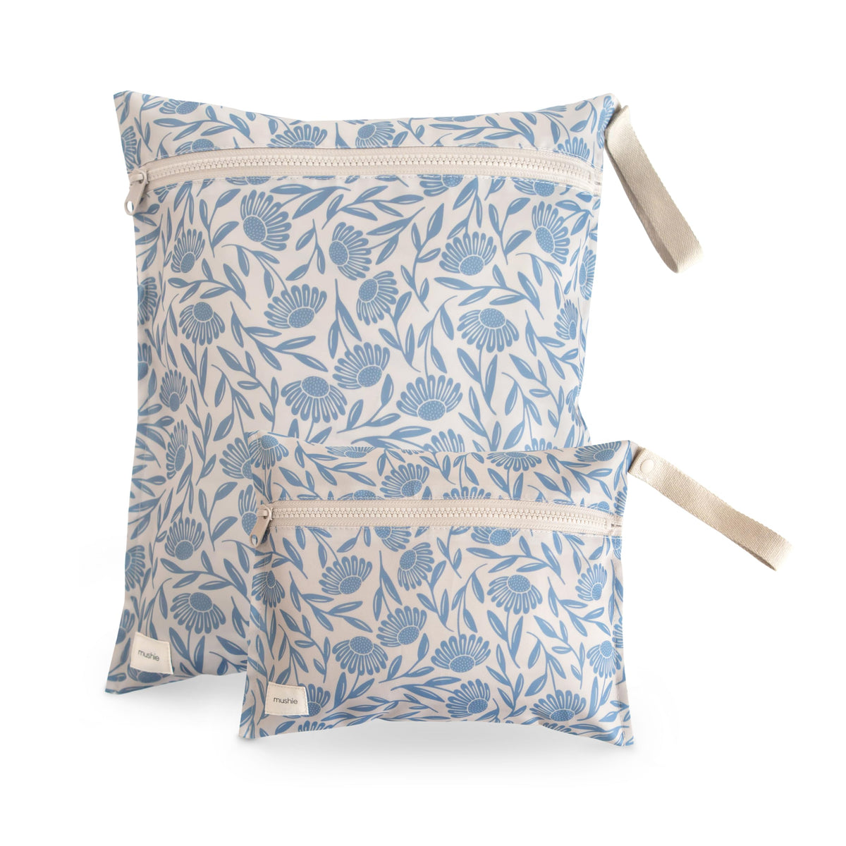 Mushie water resistant wet bags set of 2 with blue flowers for travel mess containment