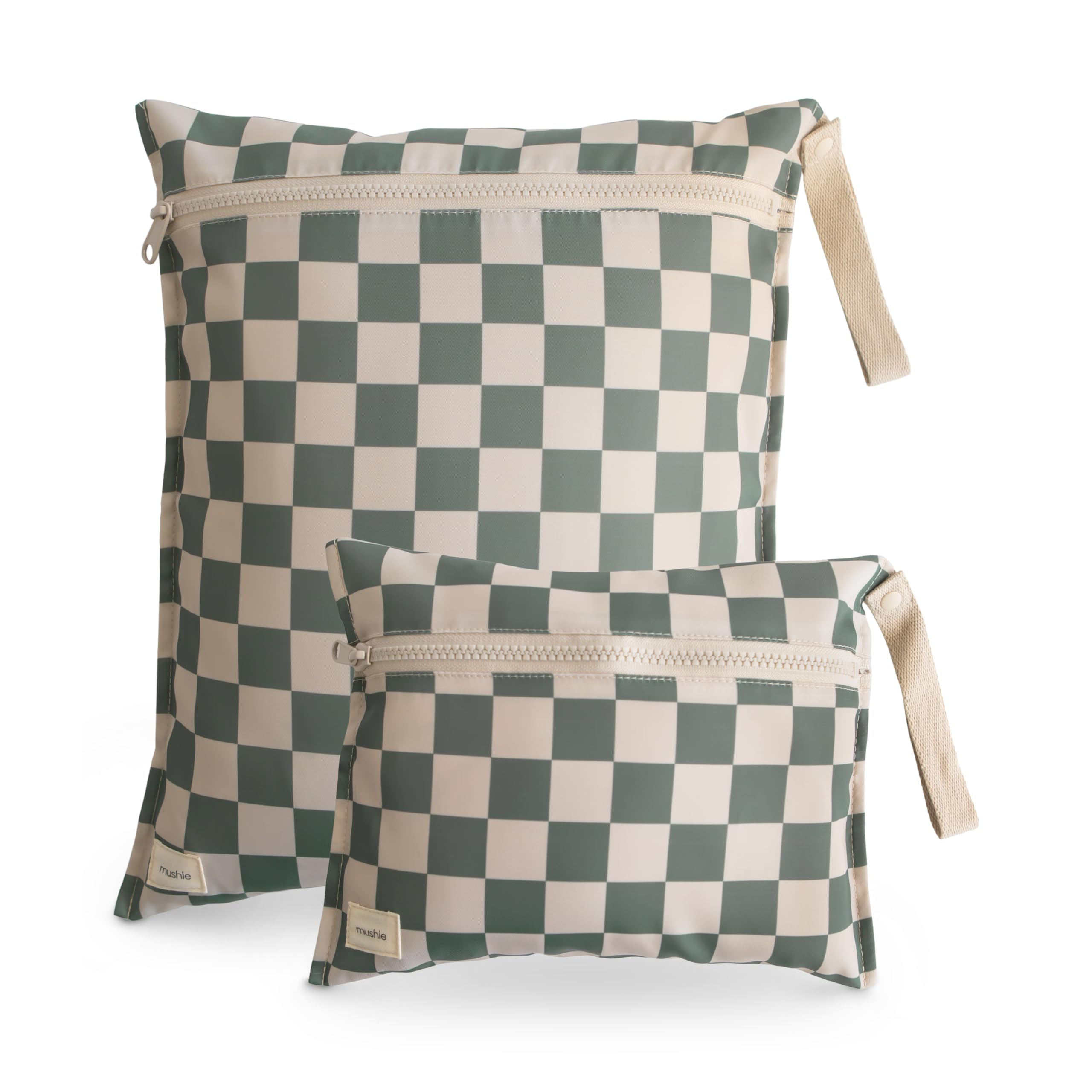 Mushie wet bag olive check large, water resistant with zipper closure for swimsuits.