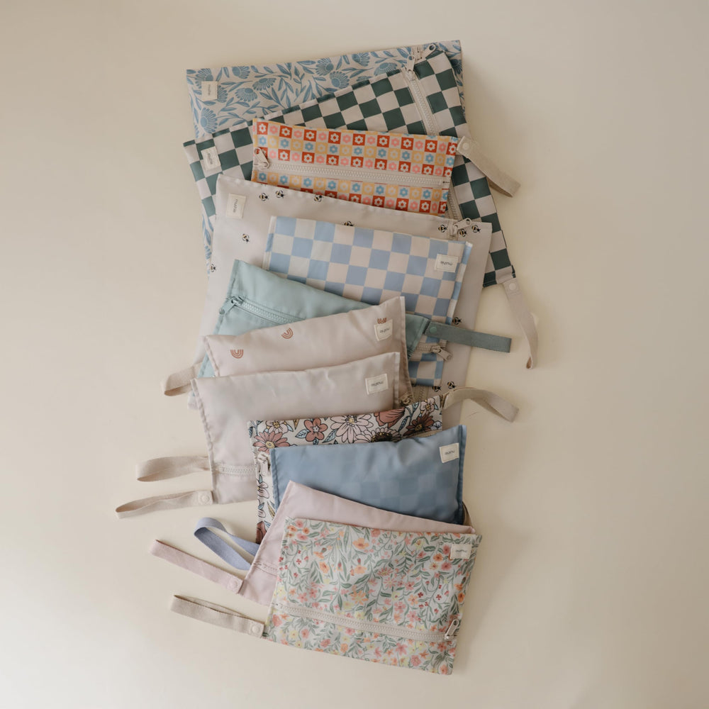 Mushie wet bags small blue flowers 10.5x8 inch for quick-dry items on the go