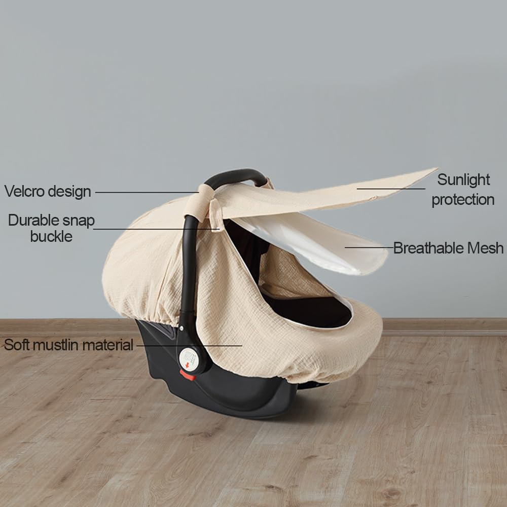Muslin cotton baby car seat cover green on-car-seat demonstrates secure snug fit