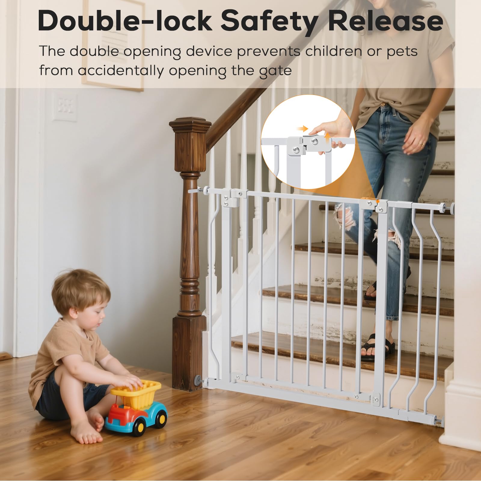 Mutak gate installed in doorway illustrating easy access while carrying a child.
