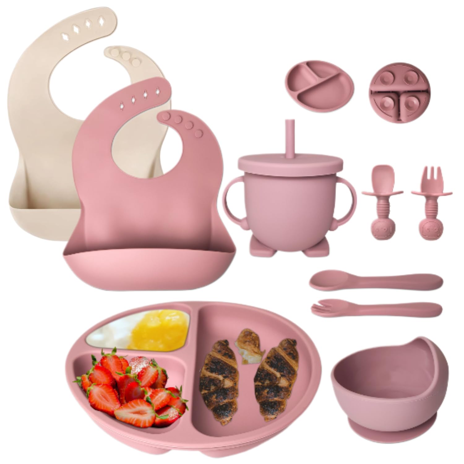 Mutualproducts 10 pcs baby utensils pink set supports self-feeding confidence.