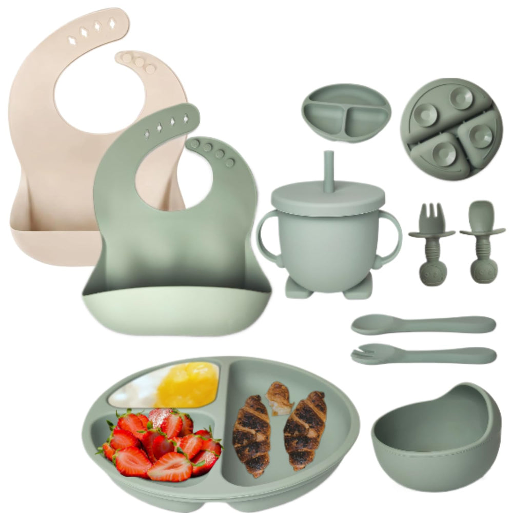 Mutualproducts 10-piece silicone baby utensils in green for safe self-feeding