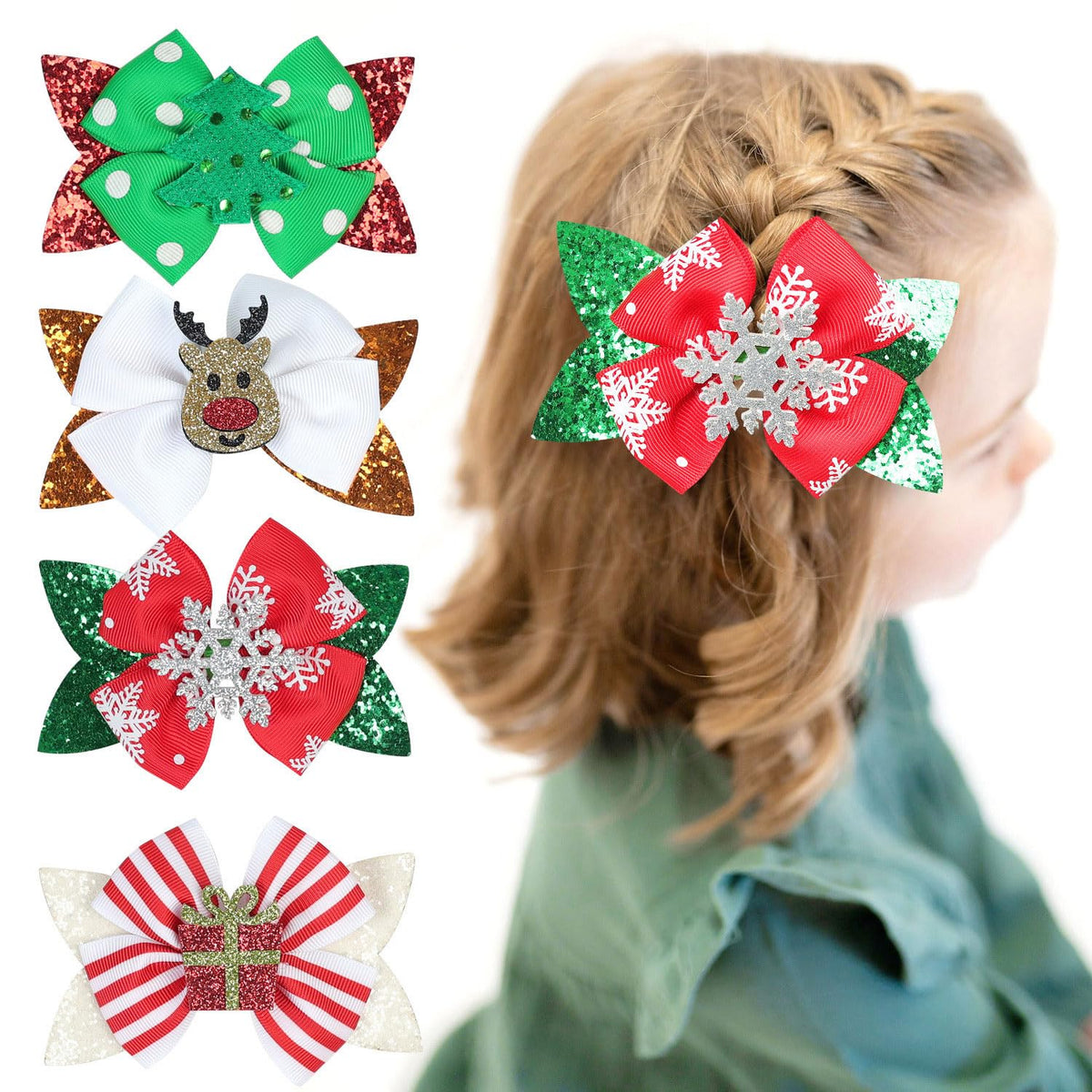 Muumoo Christmas tree bow clip adds festive charm to little girls' hairstyles.