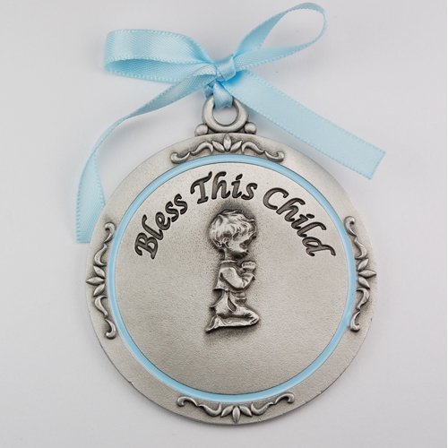 McVan Boy Crib Medal front view—decorative religious keepsake for nursery décor.