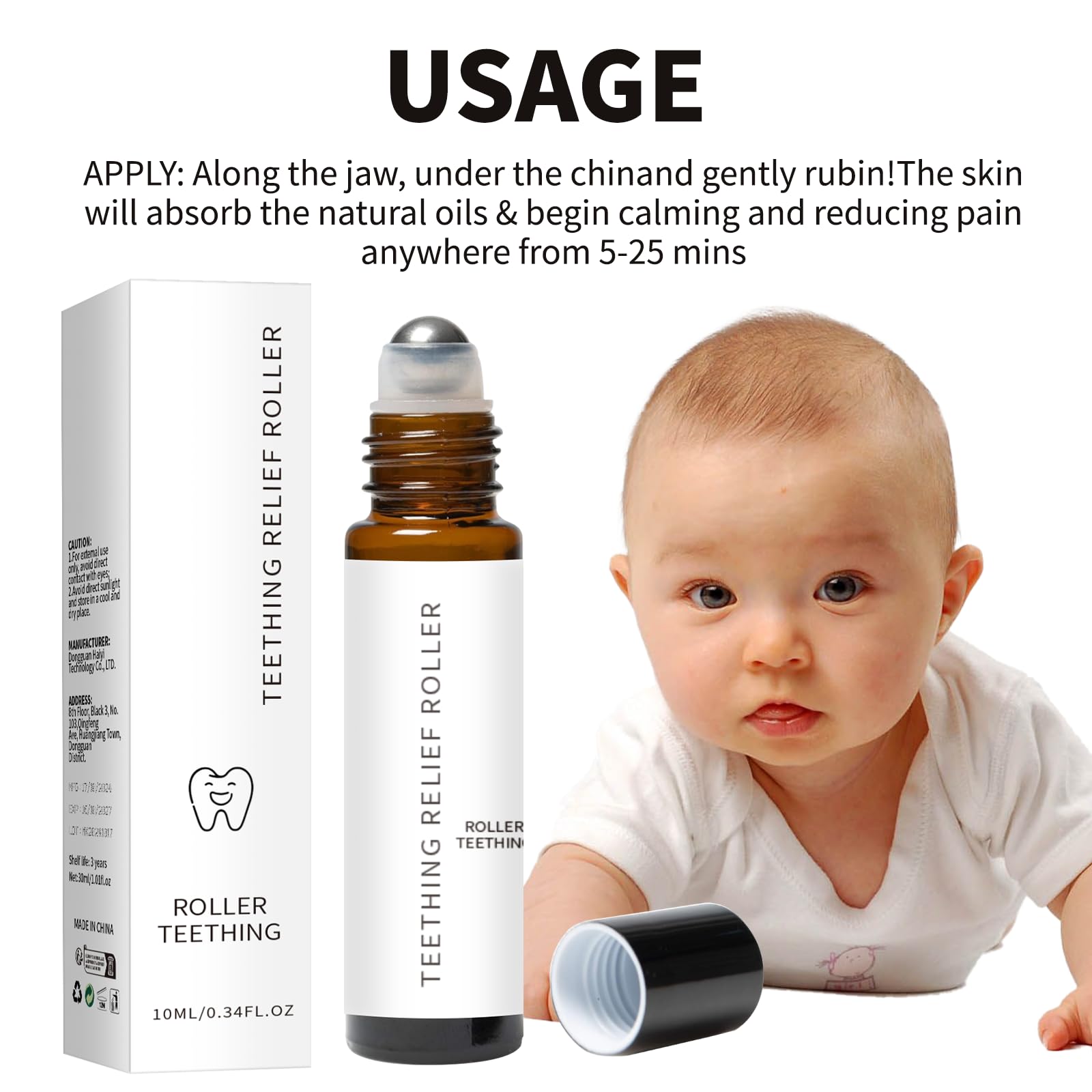 MVC Teething Roller on baby's gums illustrating gentle massage during teething.