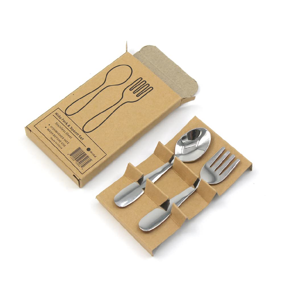 M.Vita Montessori Nido flatware closeup showing toddler-friendly fork and spoon grip for small hands