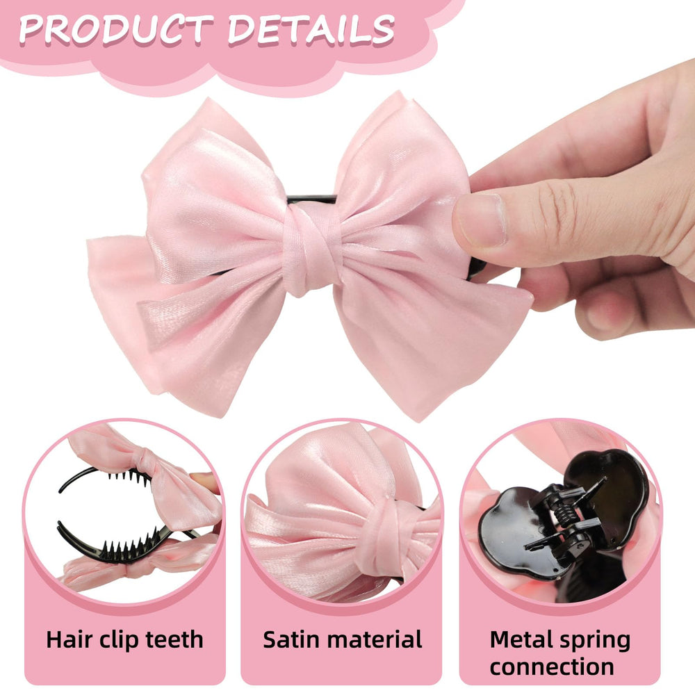 MWRDSM pink bow clip in a girl's hair, easy one-handed styling.