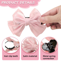 MWRDSM pink bow clip in a girl's hair, easy one-handed styling.