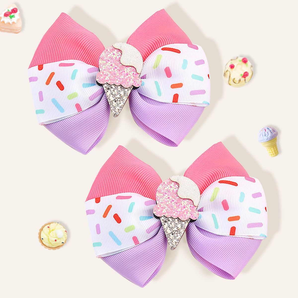 MWRDSM baby ice cream bow clip pink close-up, secure grip for active toddlers