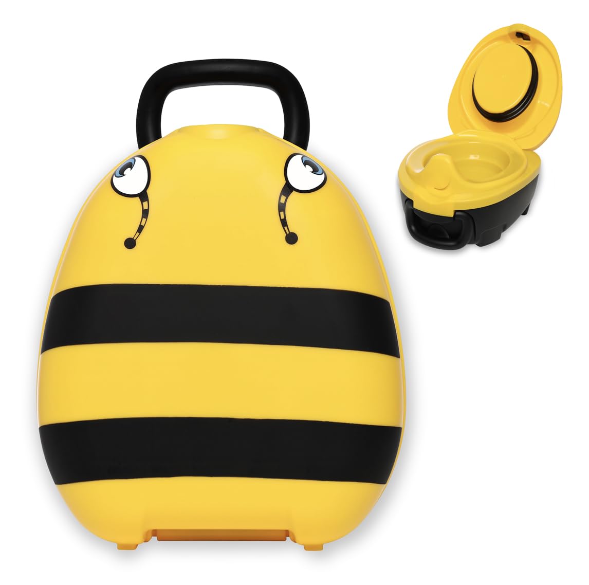 My Carry Potty Bumble Bee travel potty hanging from a pushchair for easy on-the-go use
