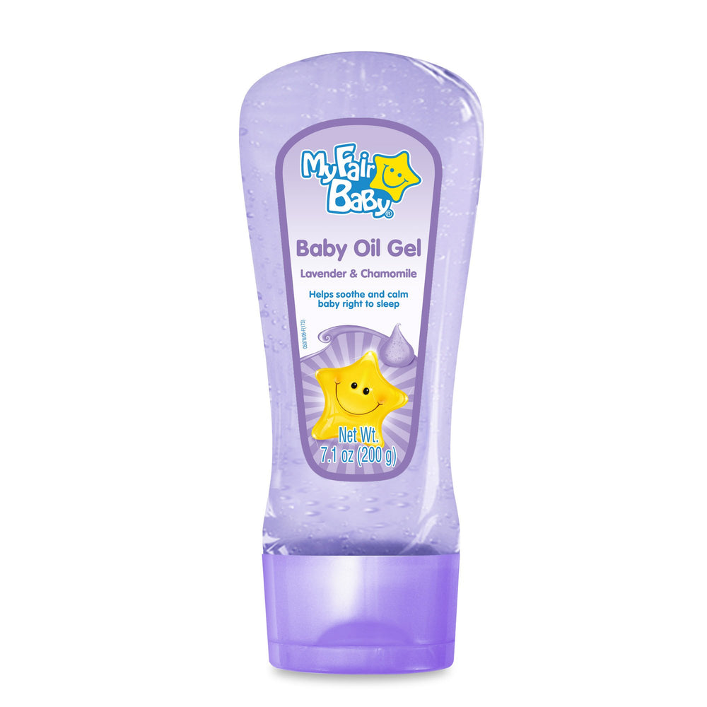 My Fair Baby Oil Gel bottle with lavender and chamomile for calming moisturized skin.