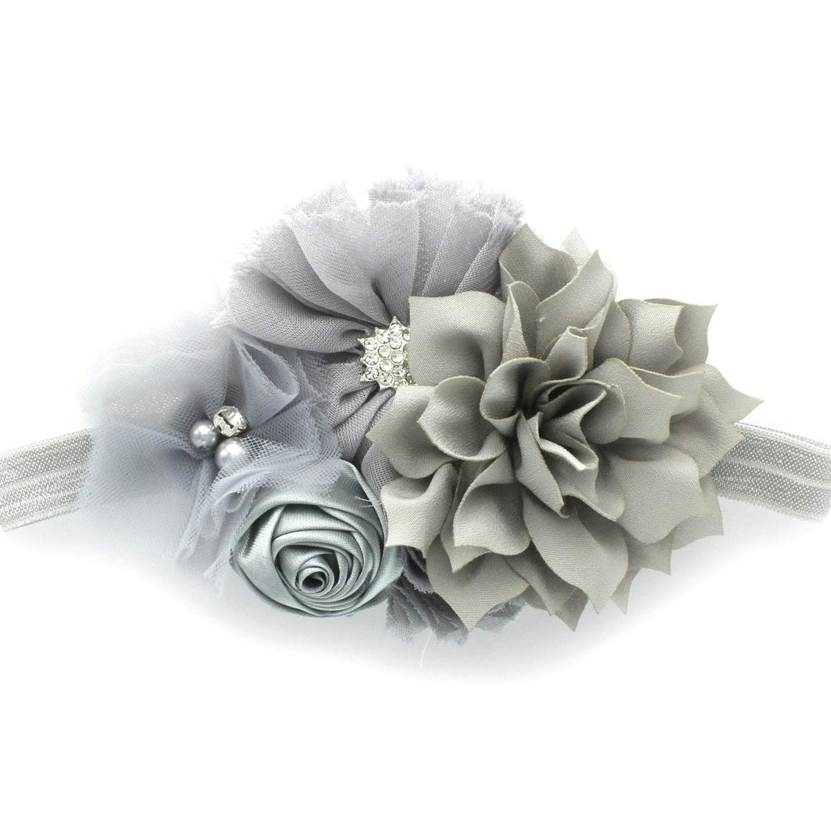 My Lello baby headband gray shabby flower cluster with soft elastic fit for newborn photos.