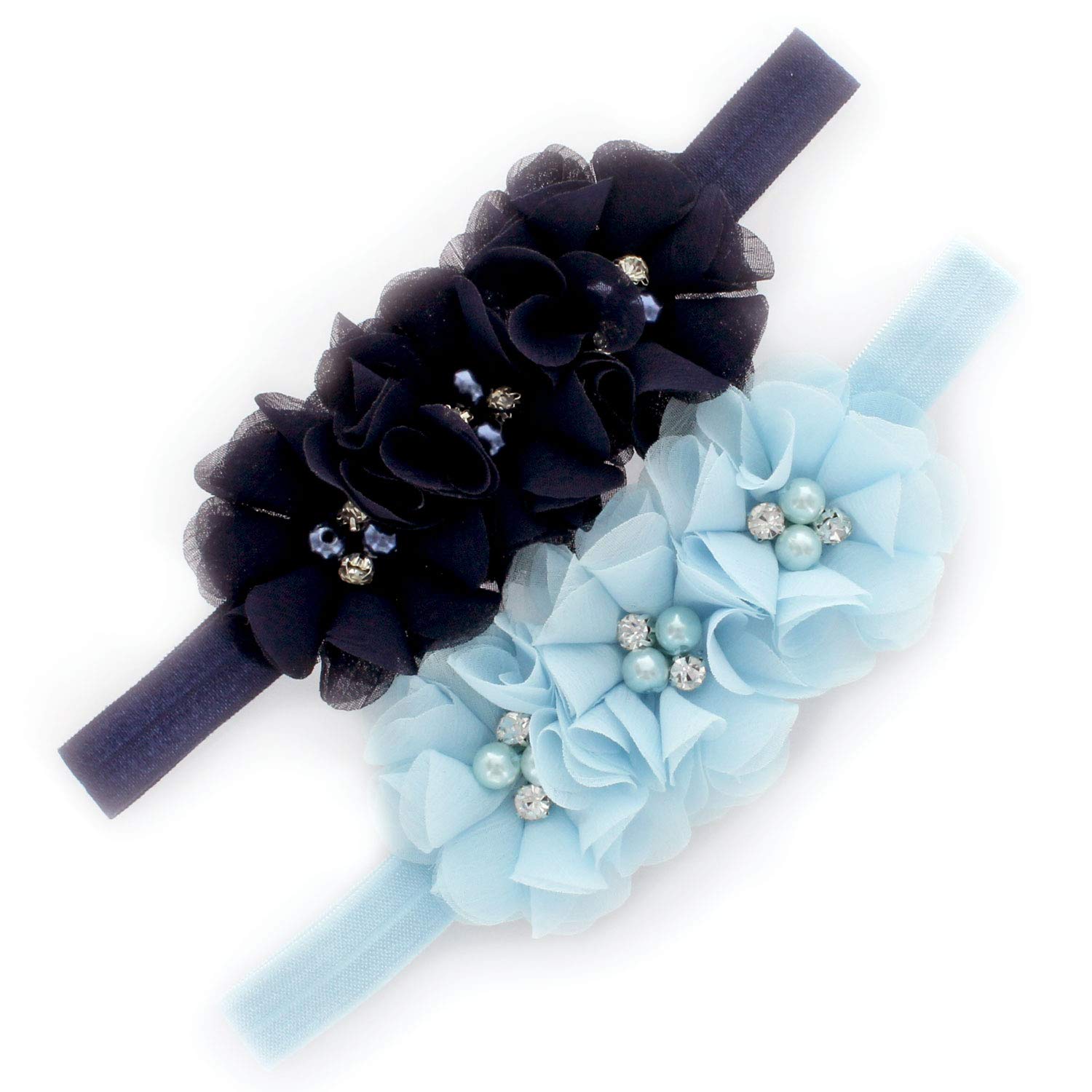 My Lello baby headbands trio in navy and frosty blue—closeup of beaded flowers for photos.