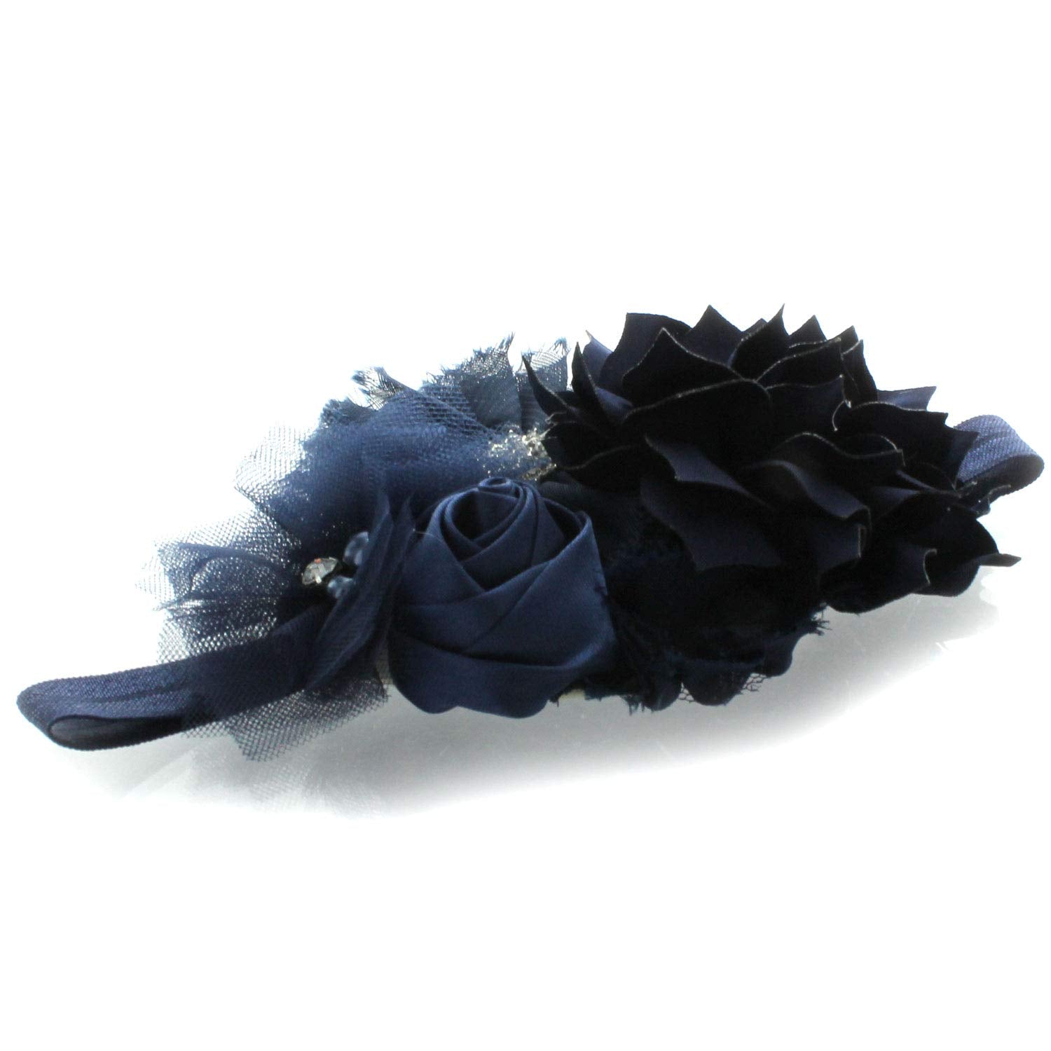 My Lello navy shabby fabric flowers on elastic band ideal for newborn and child styling.