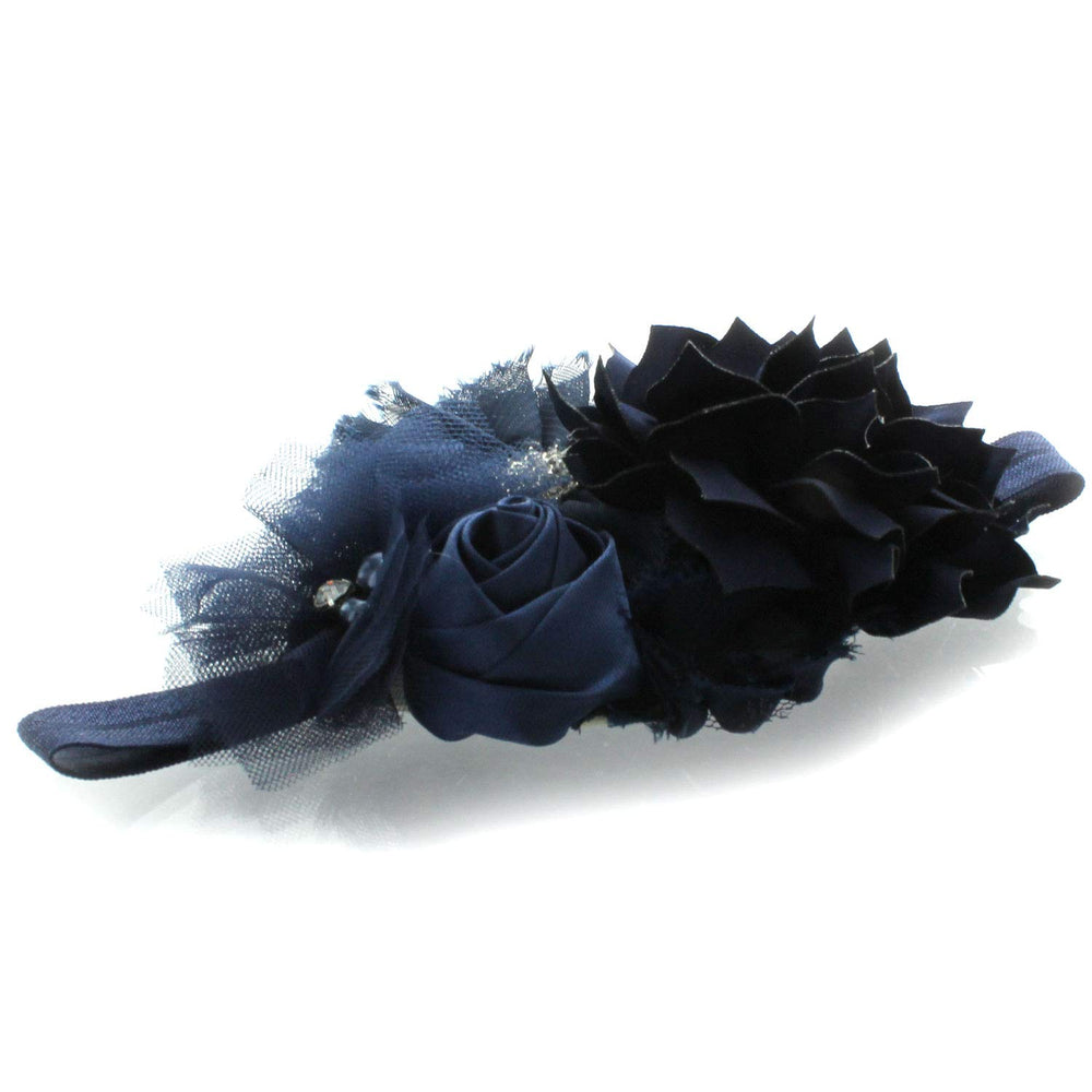 My Lello navy shabby fabric flowers on elastic band ideal for newborn and child styling.