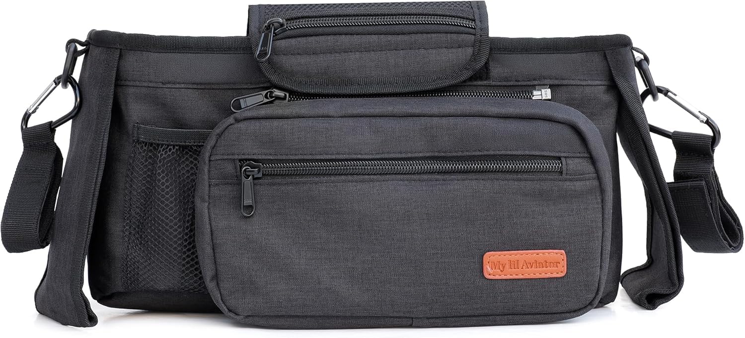 My lil Aviator universal stroller organizer side view highlights sturdy construction for daily use
