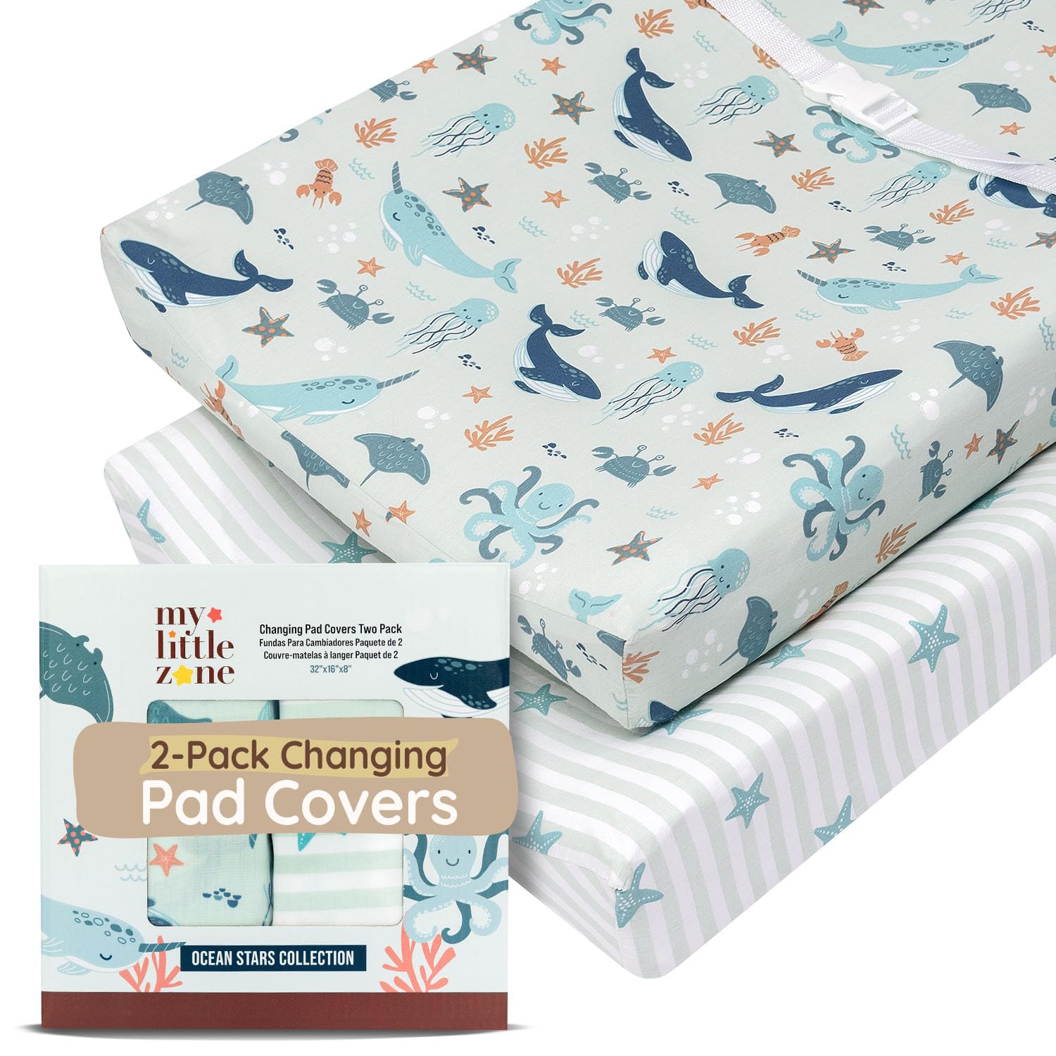 MY LITTLE ZONE teal ocean changing pad cover offers breathable cotton comfort during diaper changes.
