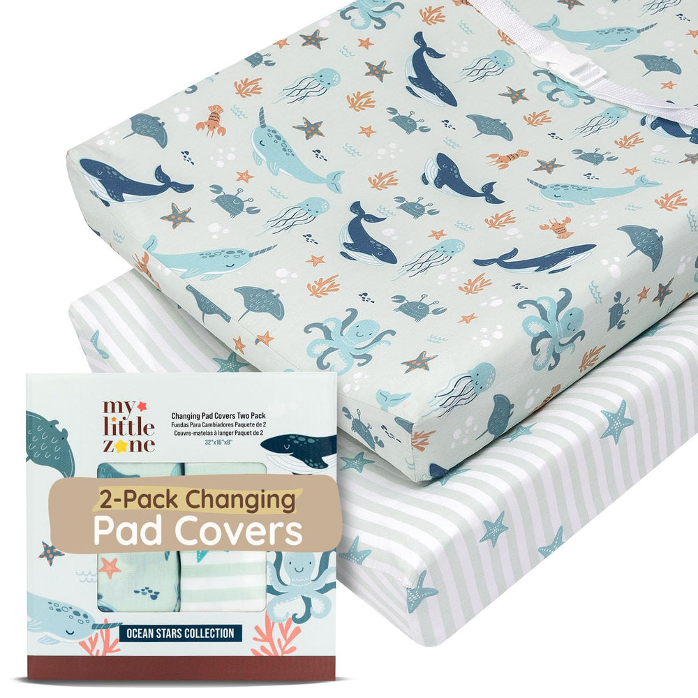 MY LITTLE ZONE teal ocean changing pad cover offers breathable cotton comfort during diaper changes.