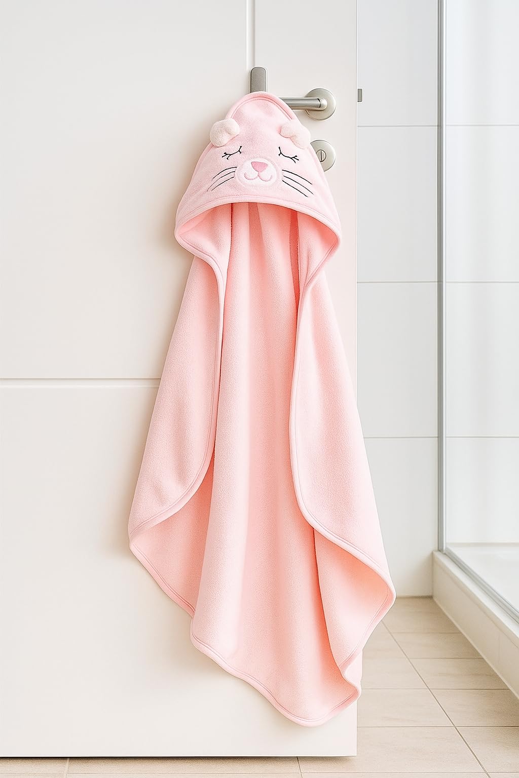 My Tiny Nugget bath time snuggle pink image showcases cozy towel wrap after bath.