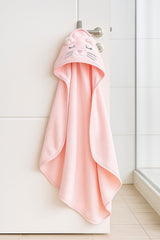 My Tiny Nugget bath time snuggle pink image showcases cozy towel wrap after bath.