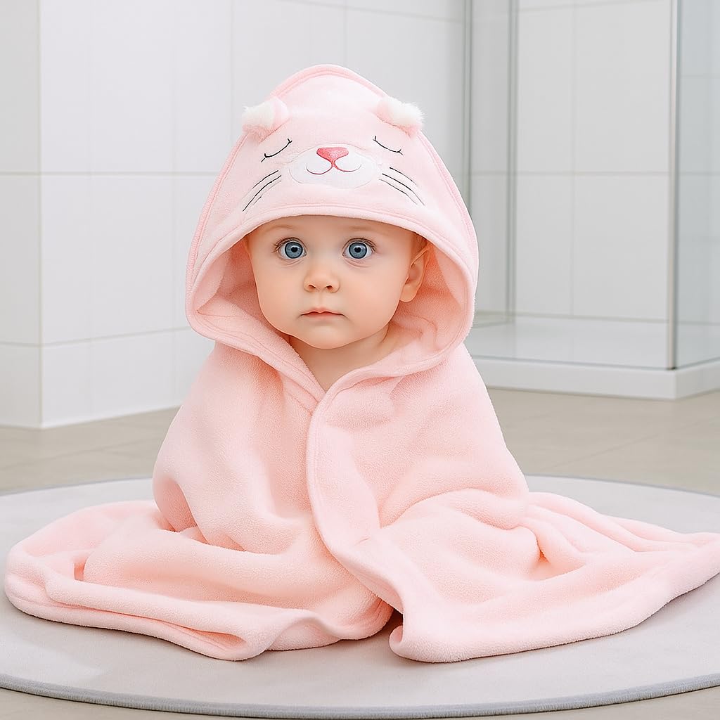 My Tiny Nugget hooded pink towel with animal hood keeps baby warm after bath.