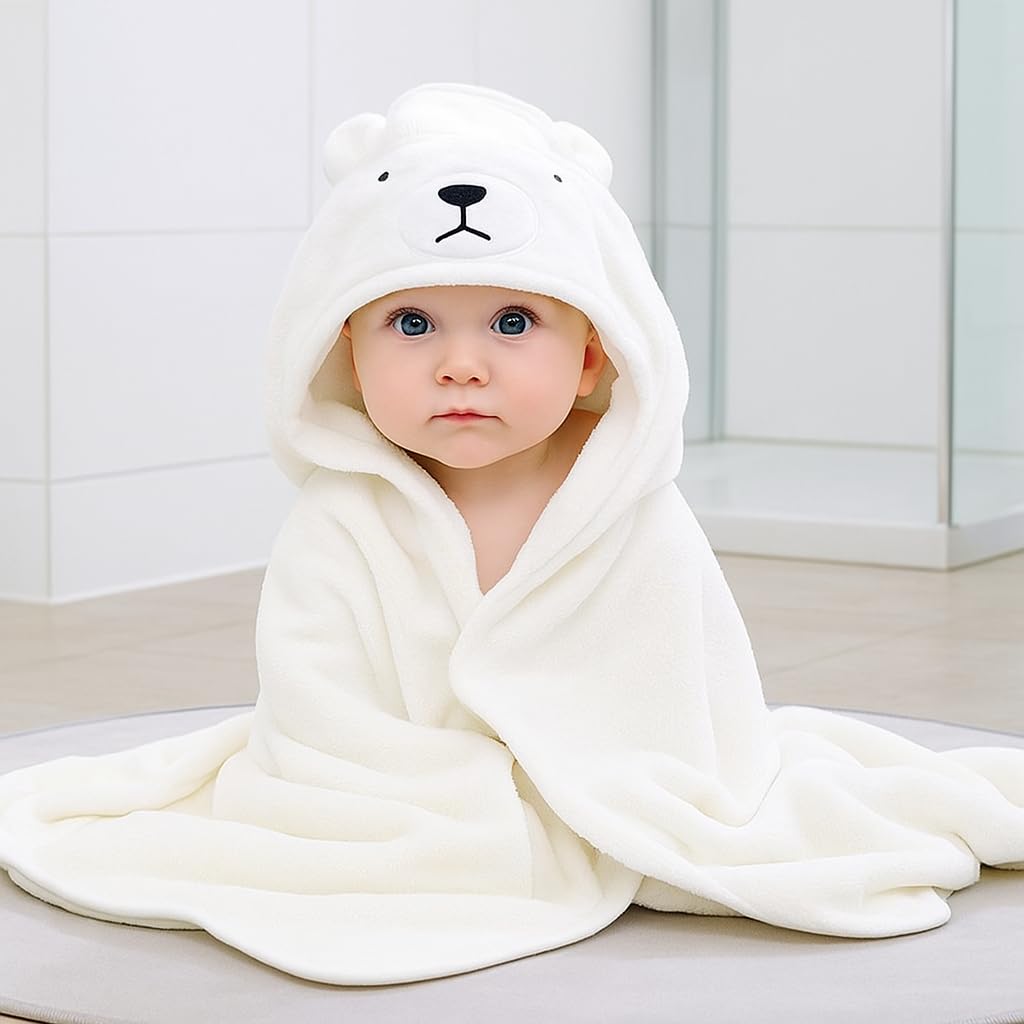 My Tiny Nugget hooded white towel with animal hood dries gently and cozy after bath.