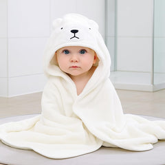 My Tiny Nugget hooded white towel with animal hood dries gently and cozy after bath.