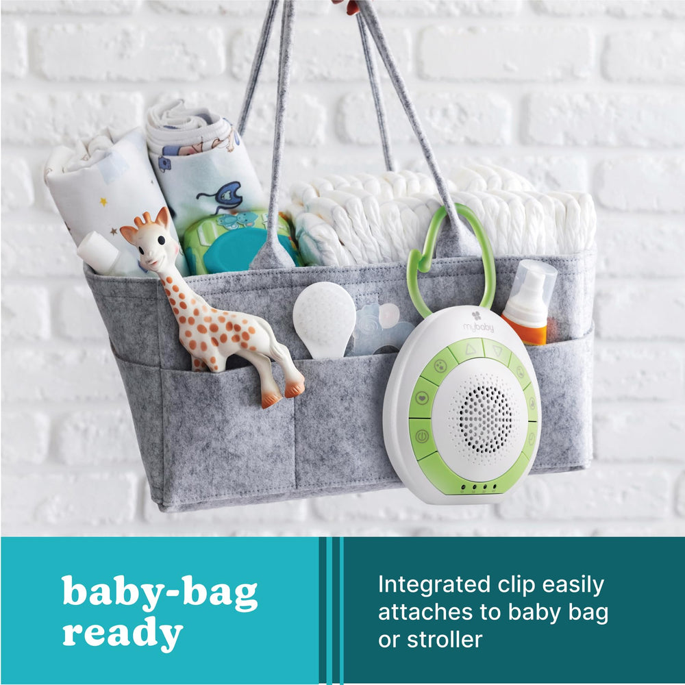 MyBaby SoundSpa compact-design fits diaper bags for travel calm.