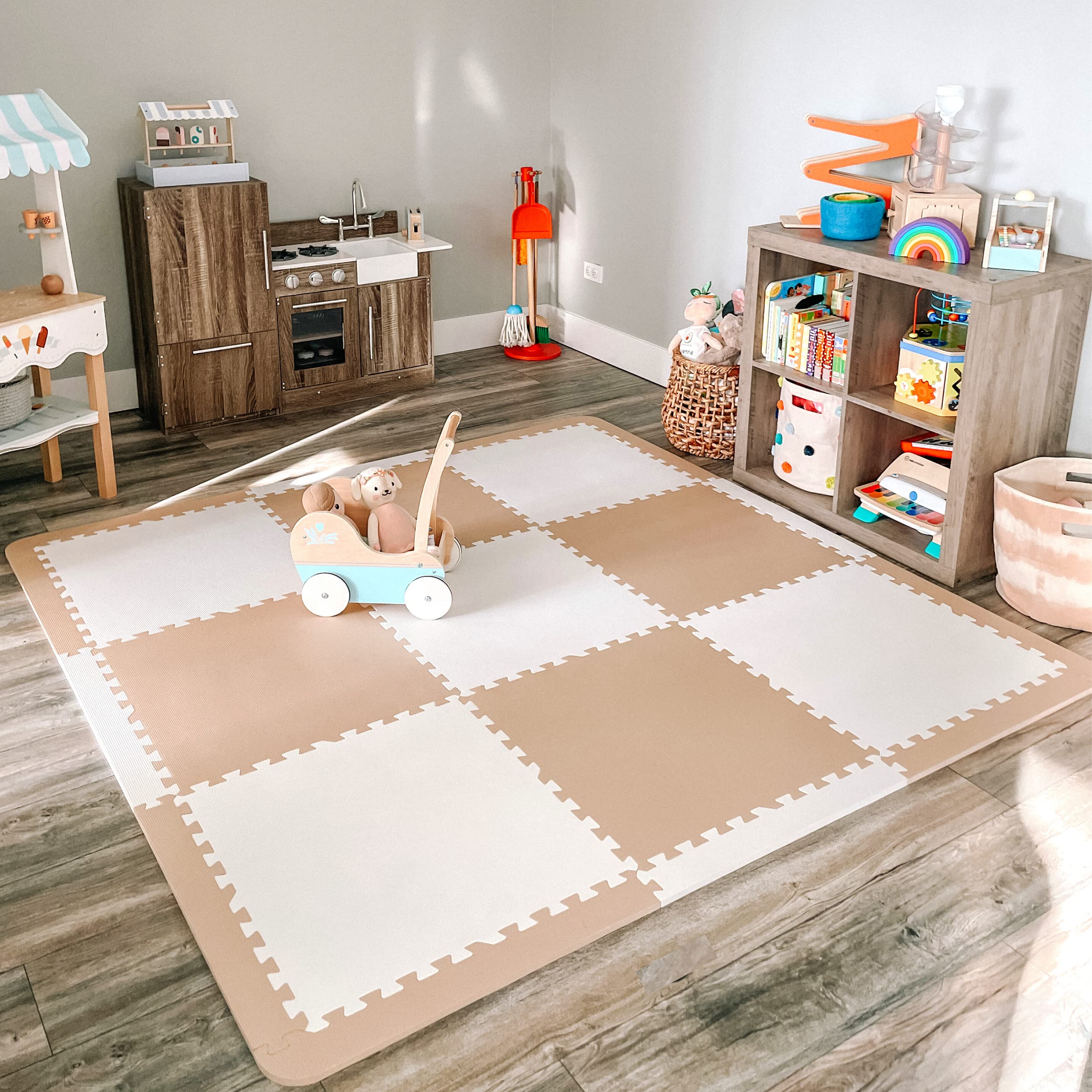 MyBlissBaby extra thick play mat beige tiles closeup offers cushioned crawling surfaces