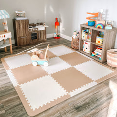 MyBlissBaby extra thick play mat beige tiles closeup offers cushioned crawling surfaces