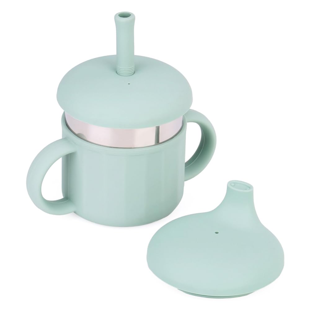 MYCOKI SP baby sippy cup green front view shows compact, kid-friendly size for toddlers.