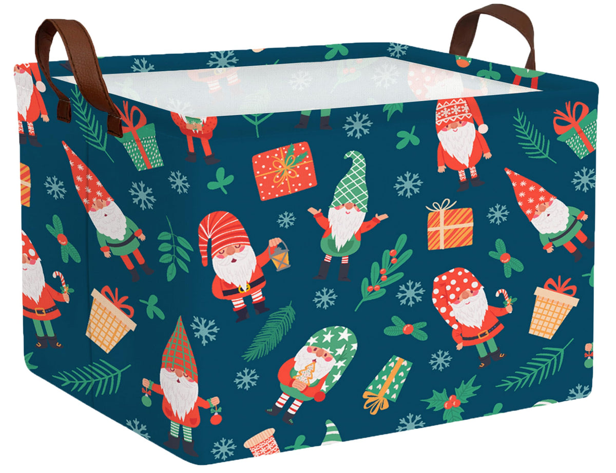 MYFLOCY Christmas storage basket with green leaf gnome design, ideal for holiday toy storage.