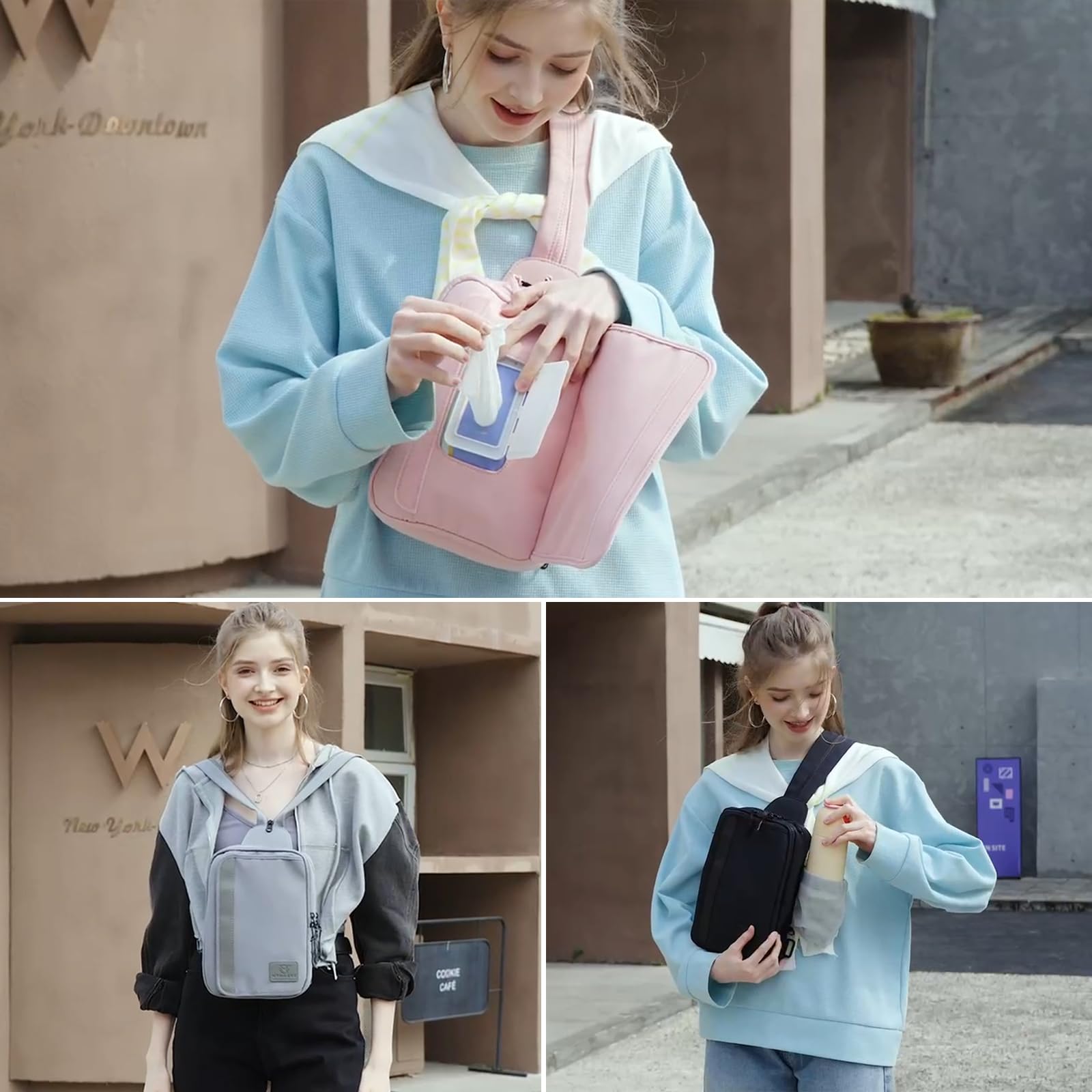 MYHOZEE 2-in-1 crossbody Love-Checked Coffee wet wipes pocket keeps essentials within reach.