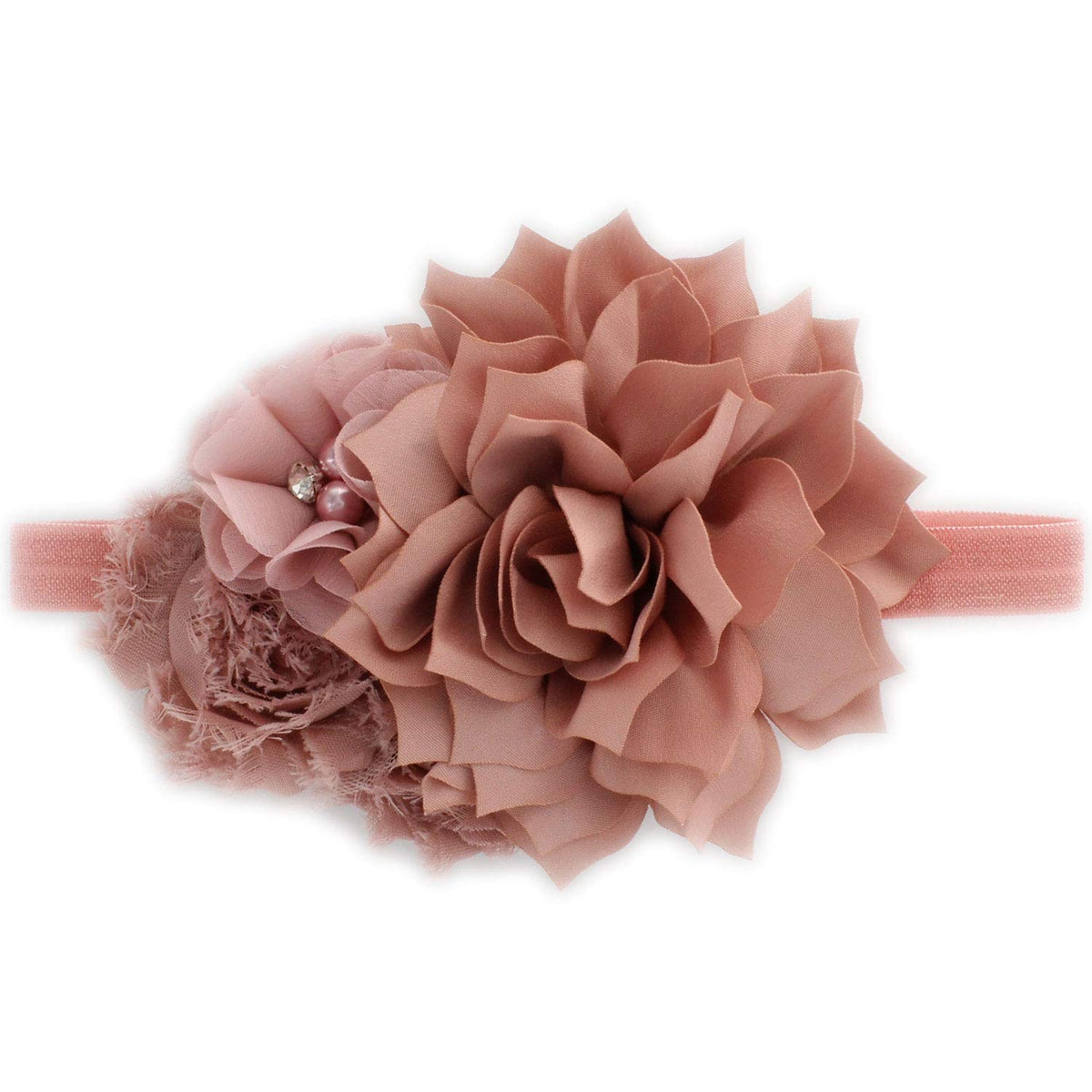 My Lello baby headband dusty rose cluster close-up for vintage photo props.