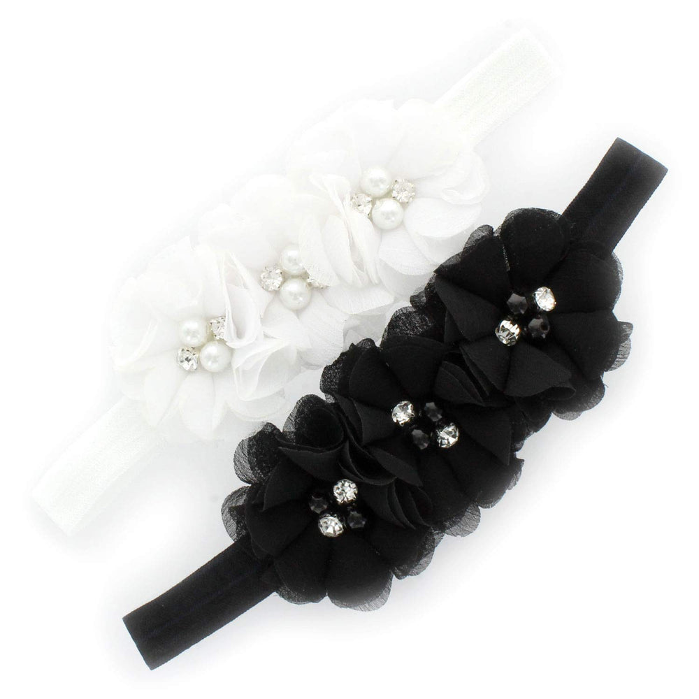 Mylello baby headbands with flower cluster in white and black on display card for newborn photography.
