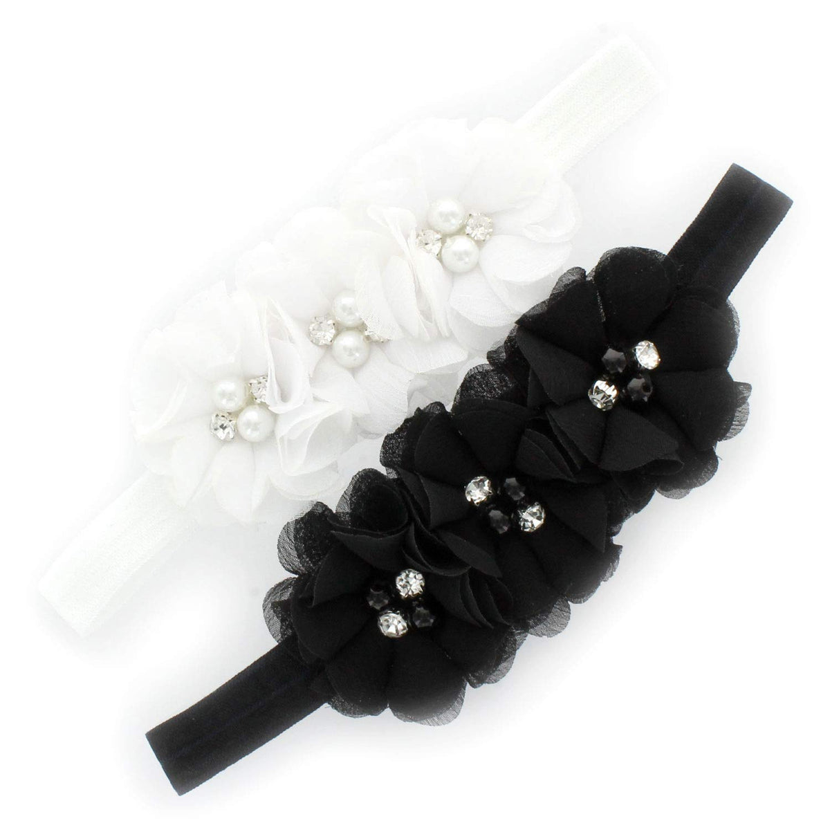 Mylello baby headbands with flower cluster in white and black on display card for newborn photography.