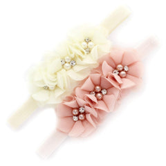 My Lello baby headbands pink blush ivory trio with fabric beaded flowers for newborn photography.