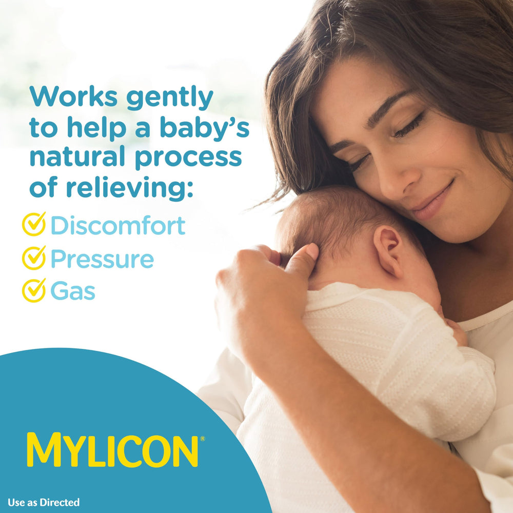 Dye-free MYLICON formula label highlights safe ingredients.
