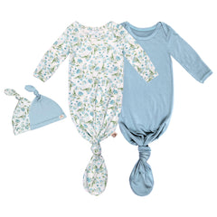 MY LITTLE ZONE Botanical Blue gown front view highlighting breathable, soft newborn comfort