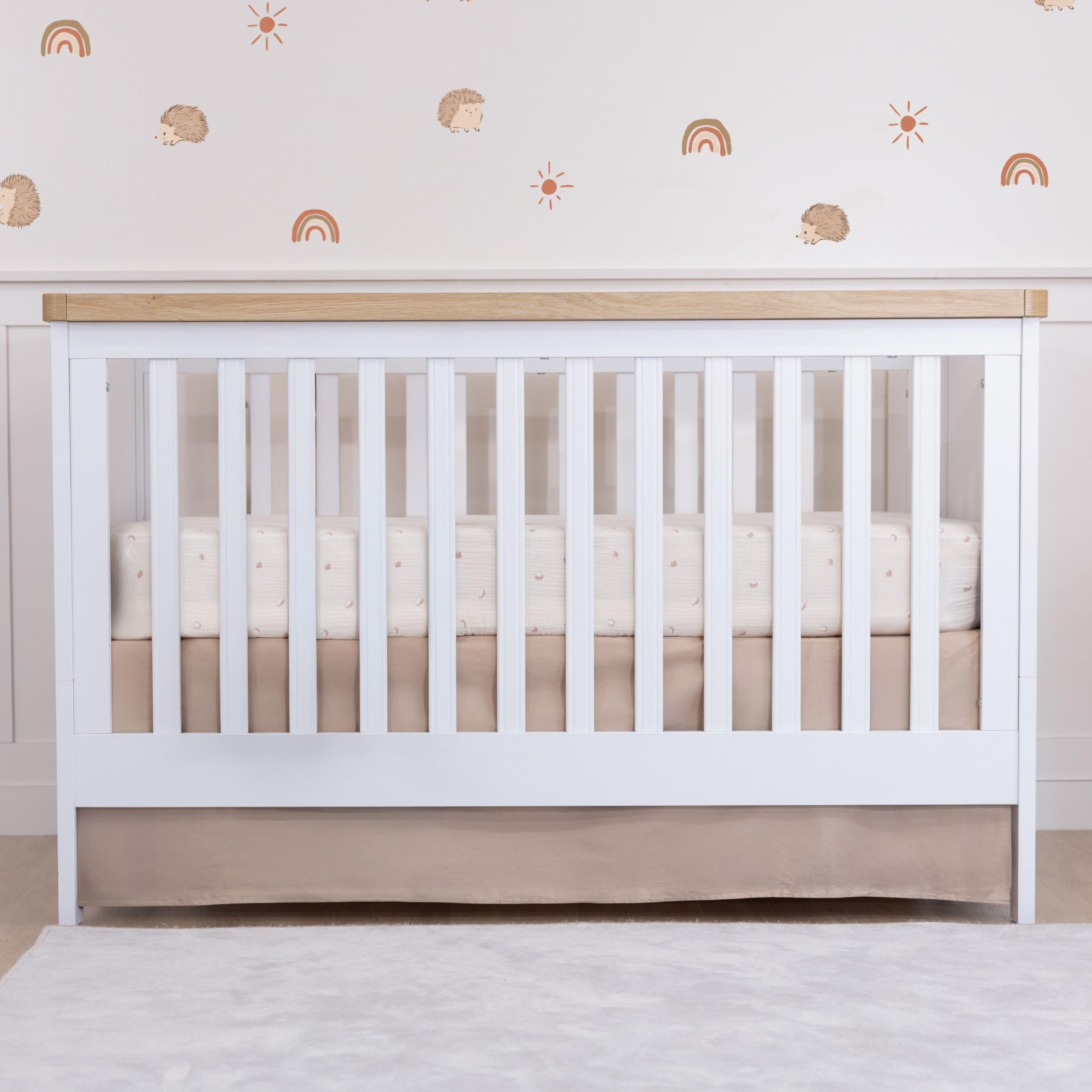 MY LITTLE ZONE brown crib skirt front view for a gender-neutral nursery and tidy space