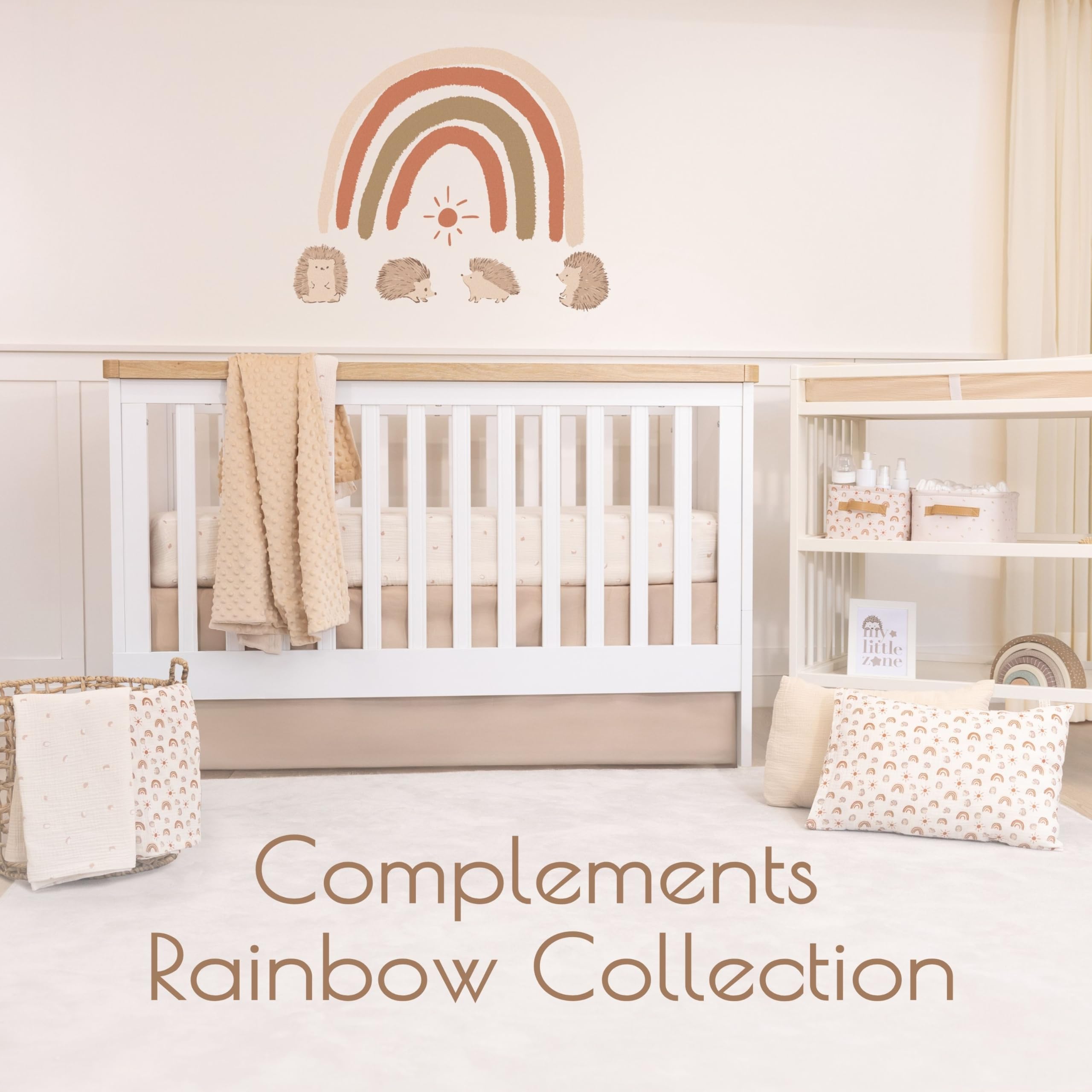 MY LITTLE ZONE brown crib skirt pairs with Rainbow Collection for coordinated nursery decor