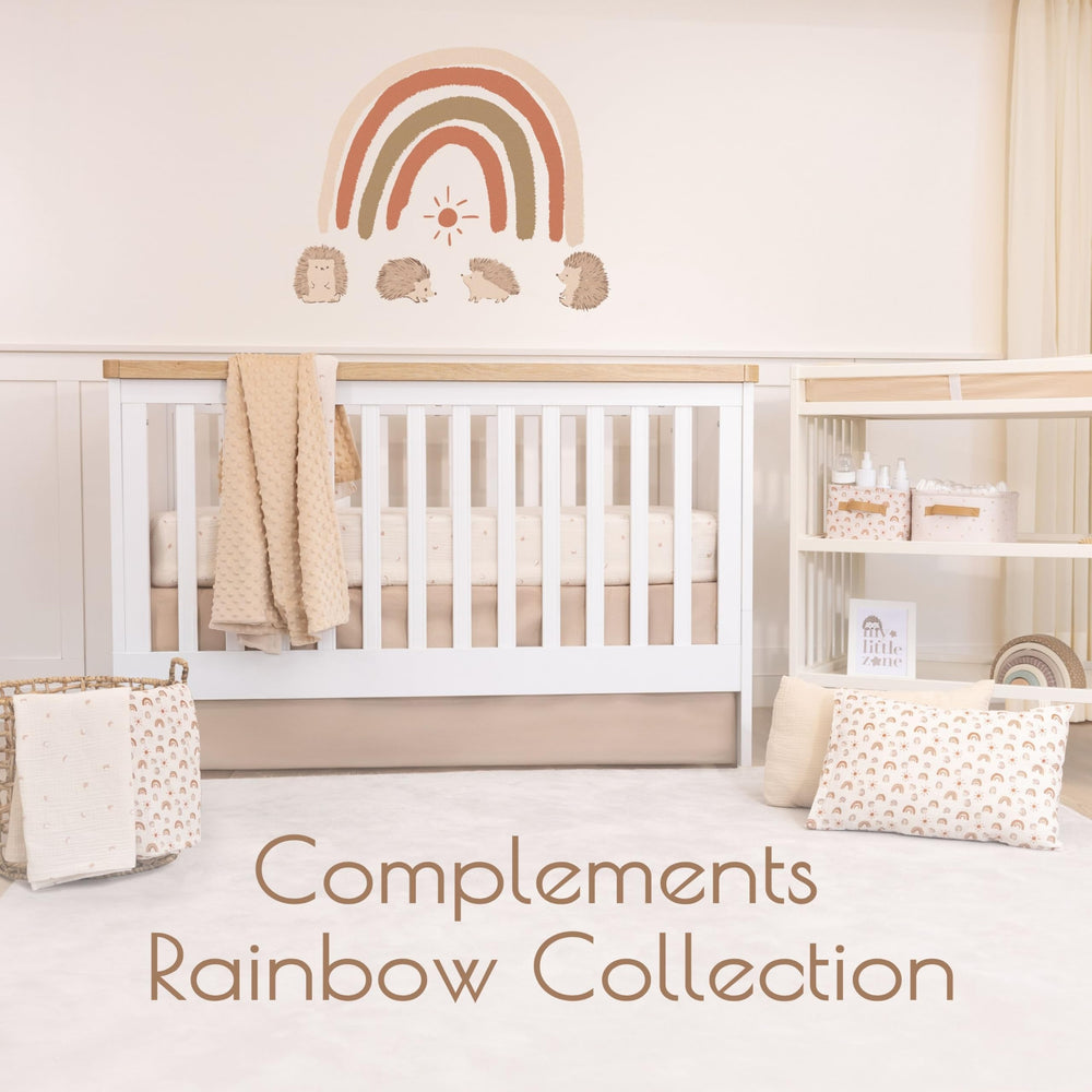 MY LITTLE ZONE brown crib skirt pairs with Rainbow Collection for coordinated nursery decor