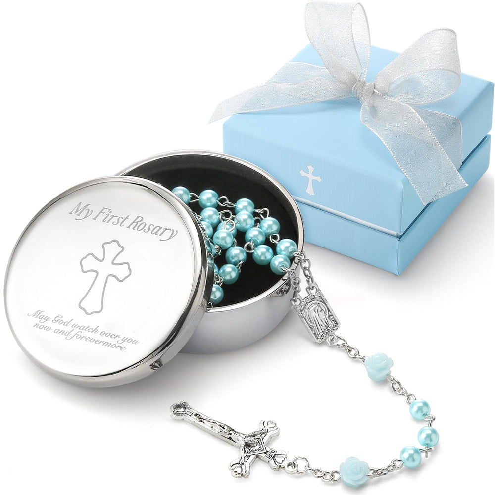 MyMateZoe baptism rosary blue beads with silver crucifix for baby dedication prayers