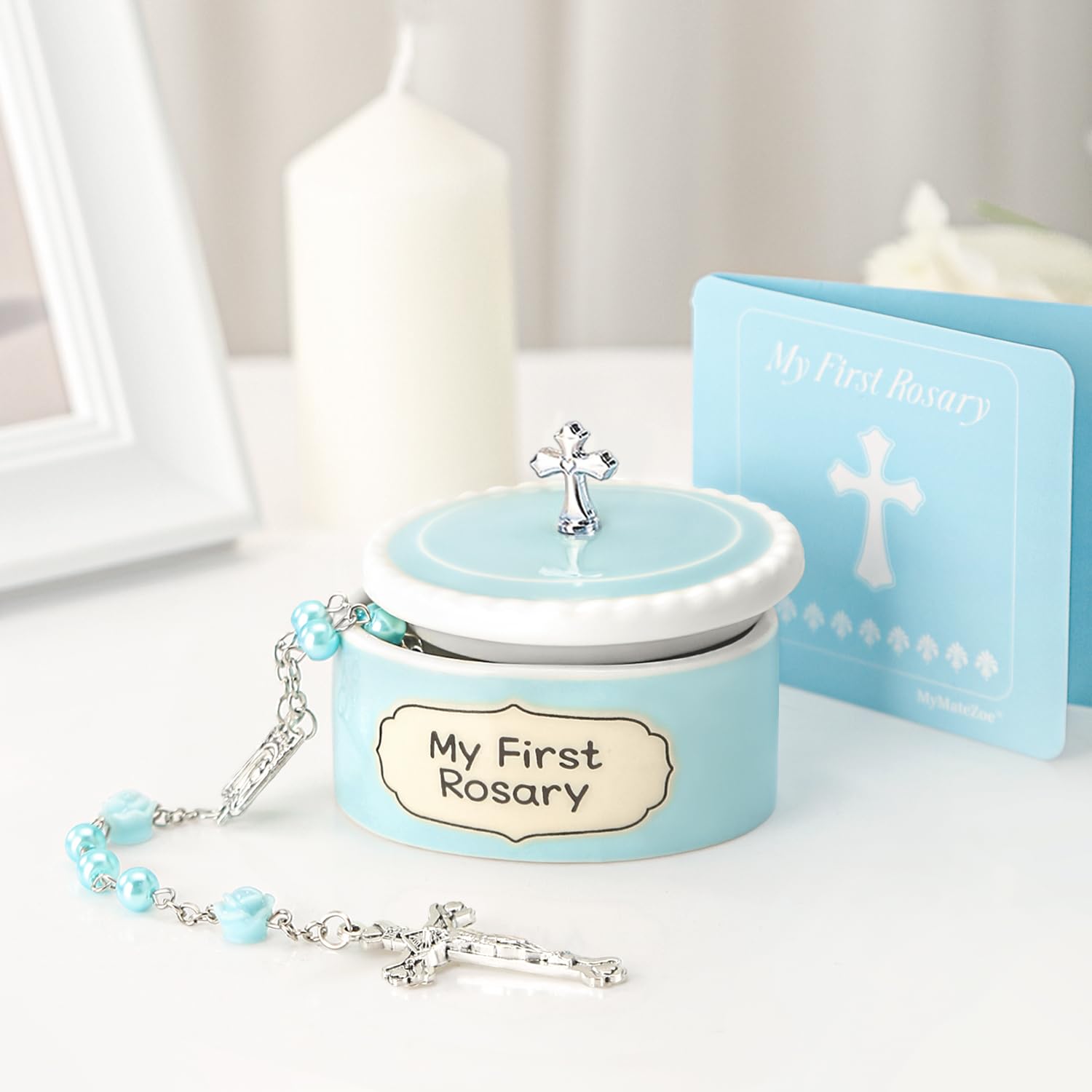 MyMateZoe ceramic keepsake box blue with silver cross, ideal nursery keepsake.