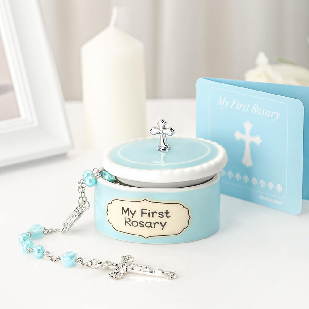 MyMateZoe ceramic keepsake box blue with silver cross, ideal nursery keepsake.