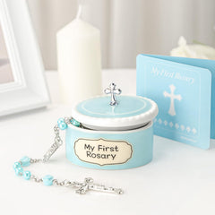 MyMateZoe ceramic keepsake box blue with silver cross, ideal nursery keepsake.