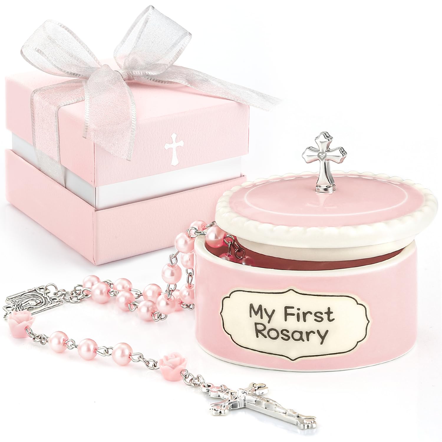 MyMateZoe first-rosary pink-beads close-up for gentle baby prayers.