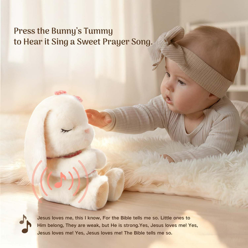 MyMateZoe musical bunny press tummy demonstrates soothing lullaby for baby