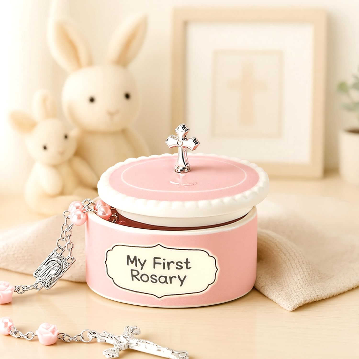 MyMateZoe nursery-shelf-rosary rests on a baby's shelf for easy daily prayers.